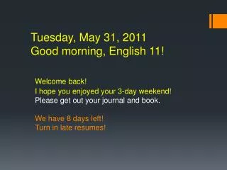 Tuesday, May 31, 2011 Good morning, English 11!