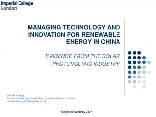 MANAGING TECHNOLOGY AND INNOVATION FOR RENEWABLE ENERGY IN CHINA