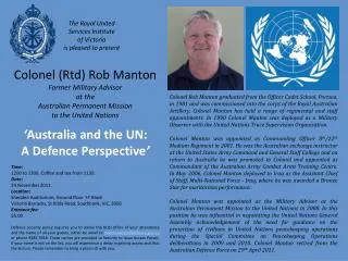 Colonel (Rtd) Rob Manton Former Military Advisor at the Australian Permanent Mission