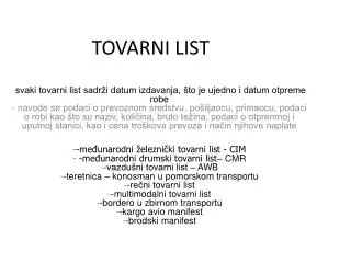tovarni list