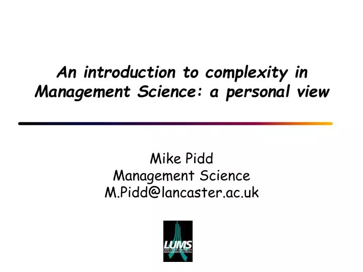an introduction to complexity in management science a personal view