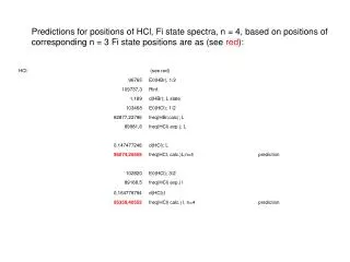 Predictions for positions of HCl, Fi state spectra, n = 4, based on positions of