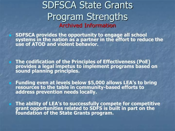 sdfsca state grants program strengths archived information