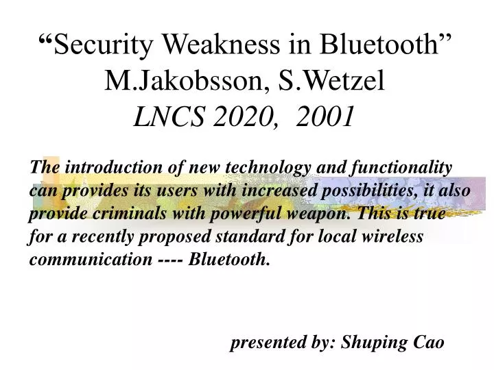 security weakness in bluetooth m jakobsson s wetzel lncs 2020 2001