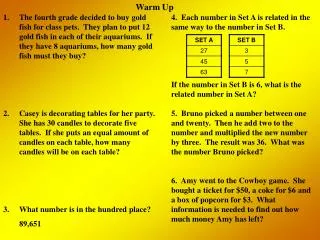 4. Each number in Set A is related in the same way to the number in Set B.