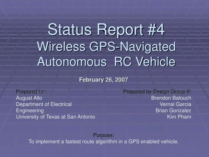 february 26 2007 purpose to implement a fastest route algorithm in a gps enabled vehicle