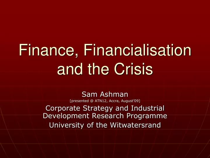 finance financialisation and the crisis
