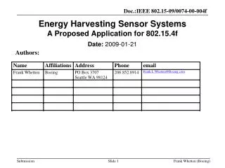 Energy Harvesting Sensor Systems A Proposed Application for 802.15.4f