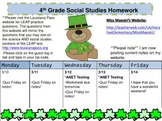 4 th Grade Social Studies Homework