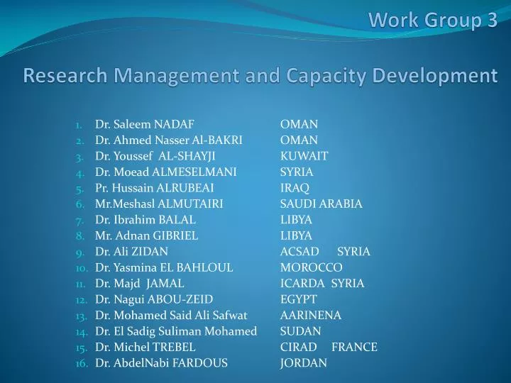 work group 3 research management and capacity development