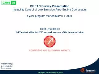 ICLEAC Survey Presentation I nstability C ontrol of L ow E mission A ero-Engine C ombustors