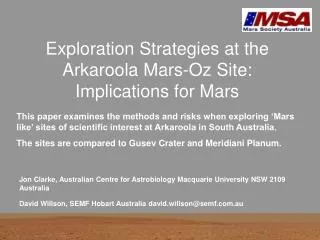 Exploration Strategies at the Arkaroola Mars-Oz Site: Implications for Mars