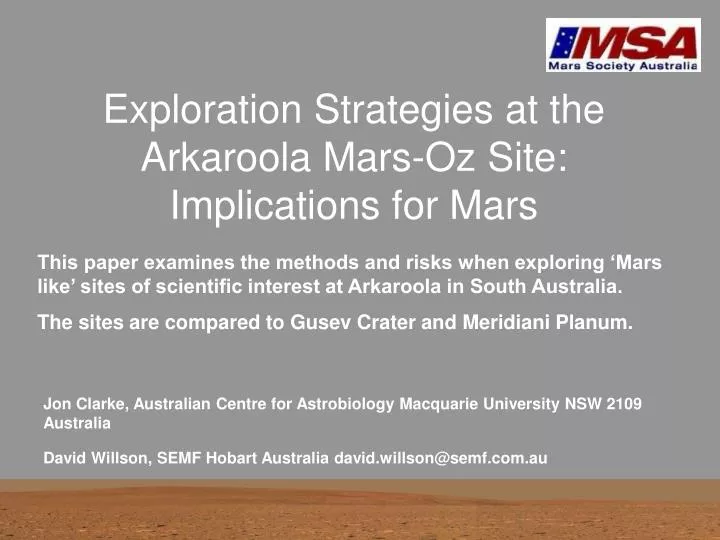 exploration strategies at the arkaroola mars oz site implications for mars