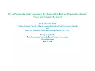 Dr. Kazi Abdur Rouf Visiting Scholar, Faculty of Environmental Studies, York University, Canada