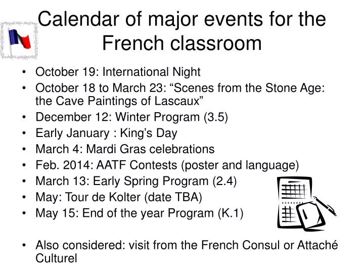 calendar of major events for the french classroom
