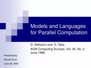 Models and Languages for Parallel Computation