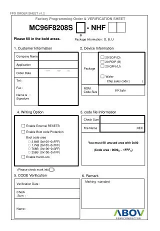 Factory Programming Order &amp; VERIFICATION SHEET