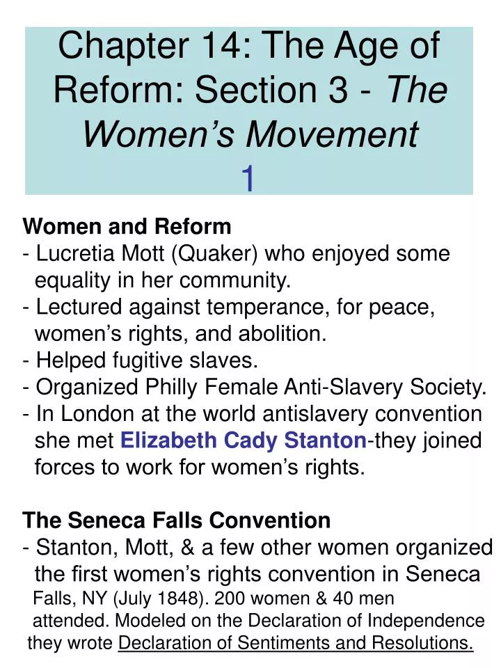 chapter 14 the age of reform section 3 the women s movement 1