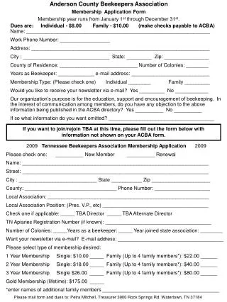 Anderson County Beekeepers Association Membership Application Form