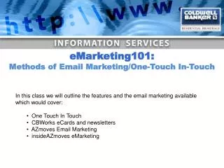 In this class we will outline the features and the email marketing available which would cover: