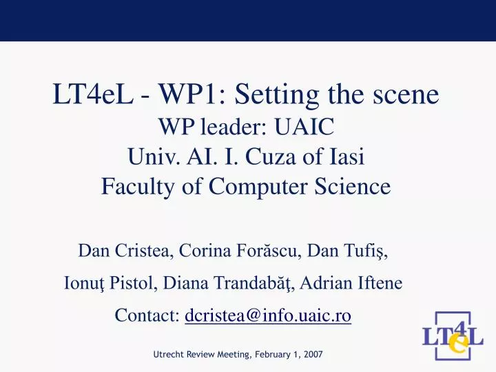 lt 4 el wp1 setting the scene wp leader uaic univ ai i cuza of iasi faculty of computer science