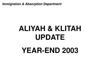 ALIYAH &amp; KLITAH UPDATE YEAR-END 2003