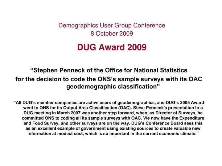 demographics user group conference 8 october 2009 dug award 2009