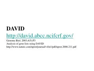 DAVID david.abcc.ncifcrf/ Genome Biol. 2003;4(5):P3 Analysis of gene lists using DAVID