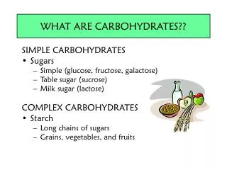 SIMPLE CARBOHYDRATES Sugars Simple (glucose, fructose, galactose) Table sugar (sucrose)