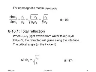 For nonmagnetic media, m 1 = m 2 = m 0 8-10.1: Total reflection