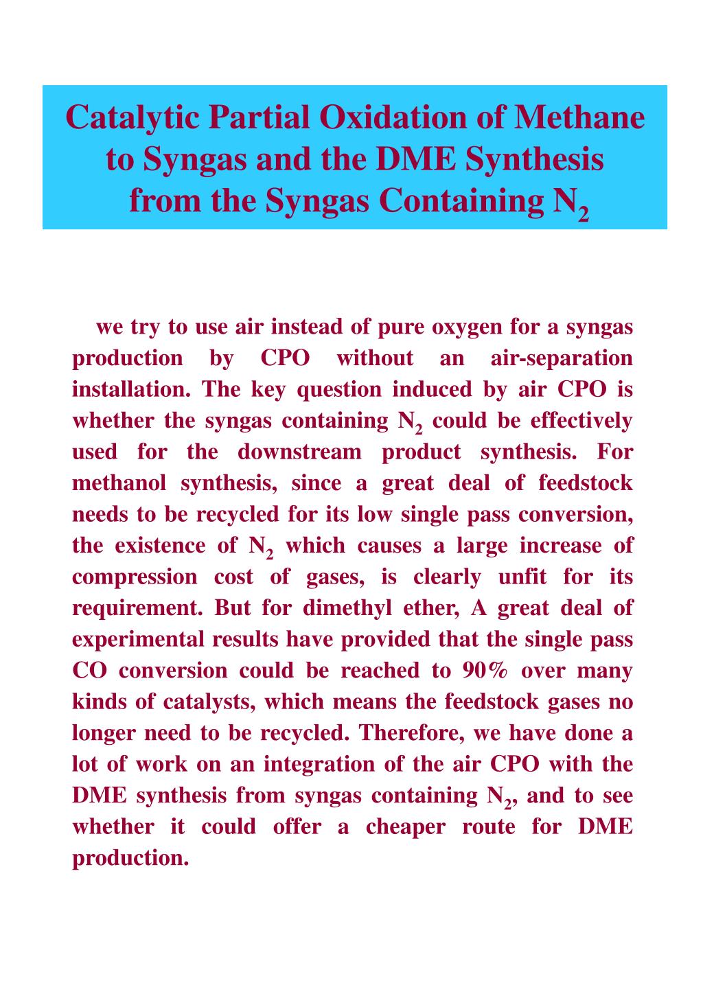 PPT - Catalytic Partial Oxidation of Methane to Syngas and the DME ...