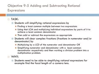 Objective 9-5 Adding and Subtracting Rational Expressions
