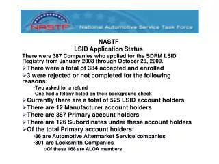 NASTF LSID Application Status