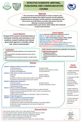 EFFECTIVE SCIENTIFIC WRITING, PUBLISHING AND COMMUNICATION COURSE