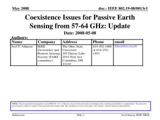 Coexistence Issues for Passive Earth Sensing from 57-64 GHz: Update