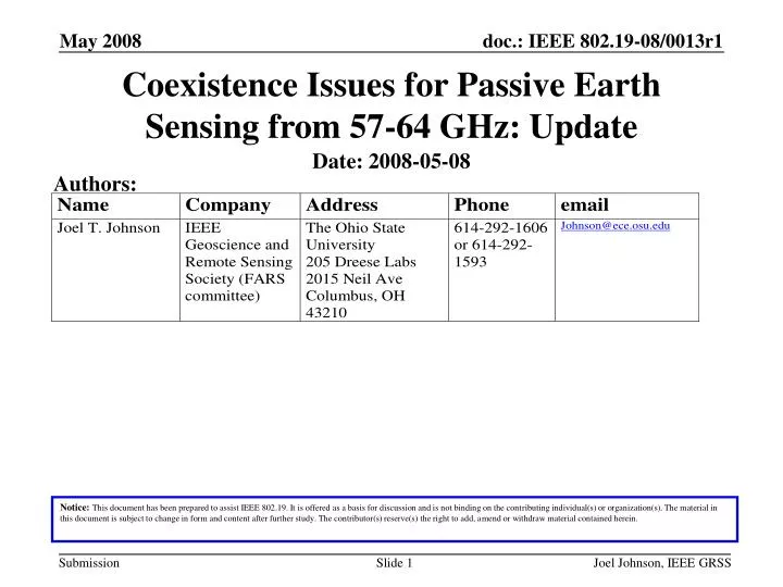 coexistence issues for passive earth sensing from 57 64 ghz update