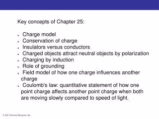 Key concepts of Chapter 25: Charge model Conservation of charge Insulators versus conductors