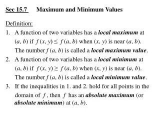 Sec 15.7 Maximum and Minimum Values