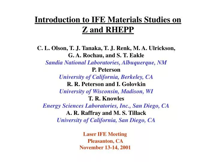 introduction to ife materials studies on z and rhepp