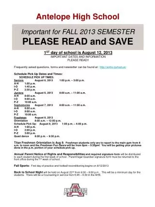 Important for FALL 2013 SEMESTER PLEASE READ and SAVE