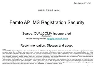 Femto AP IMS Registration Security