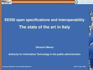 EESSI open specifications and interoperability The state of the art in Italy Giovanni Manca