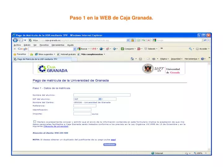 paso 1 en la web de caja granada