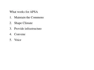 What works for APSA Maintain the Commons Shape Climate Provide infrastructure Convene Voice