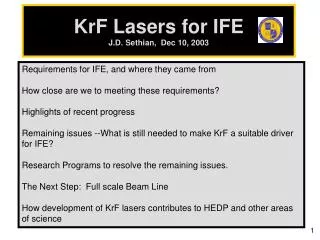KrF Lasers for IFE J.D. Sethian, Dec 10, 2003