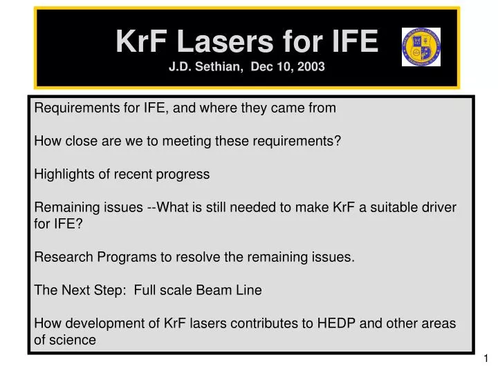 krf lasers for ife j d sethian dec 10 2003