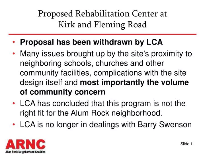 proposed rehabilitation center at kirk and fleming road