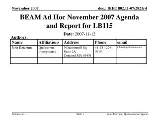 BEAM Ad Hoc November 2007 Agenda and Report for LB115