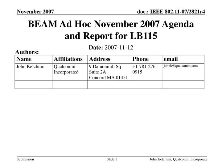 beam ad hoc november 2007 agenda and report for lb115