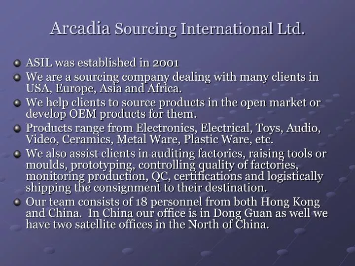 arcadia sourcing international ltd